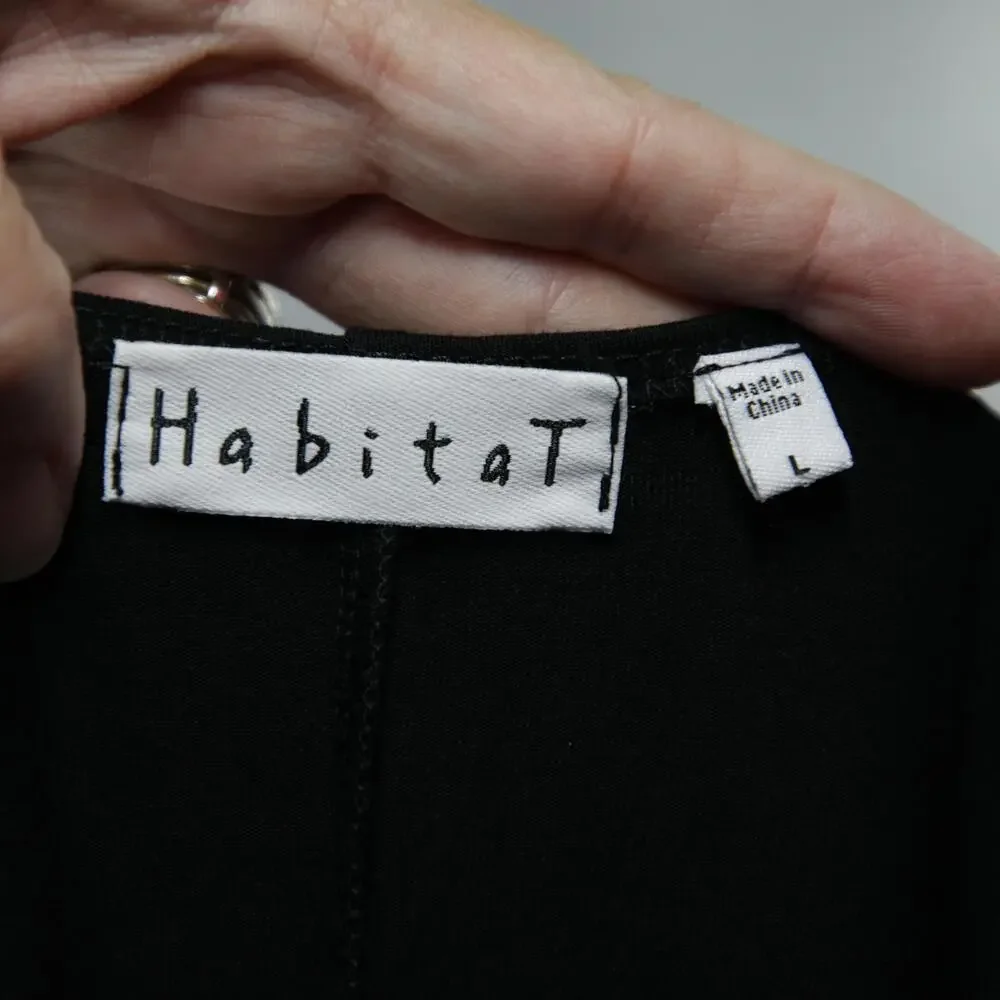 Habitat Shirt Womens Large Black Lux Faux Wrap V Neck 3/4 Sleeve Stretch Top
